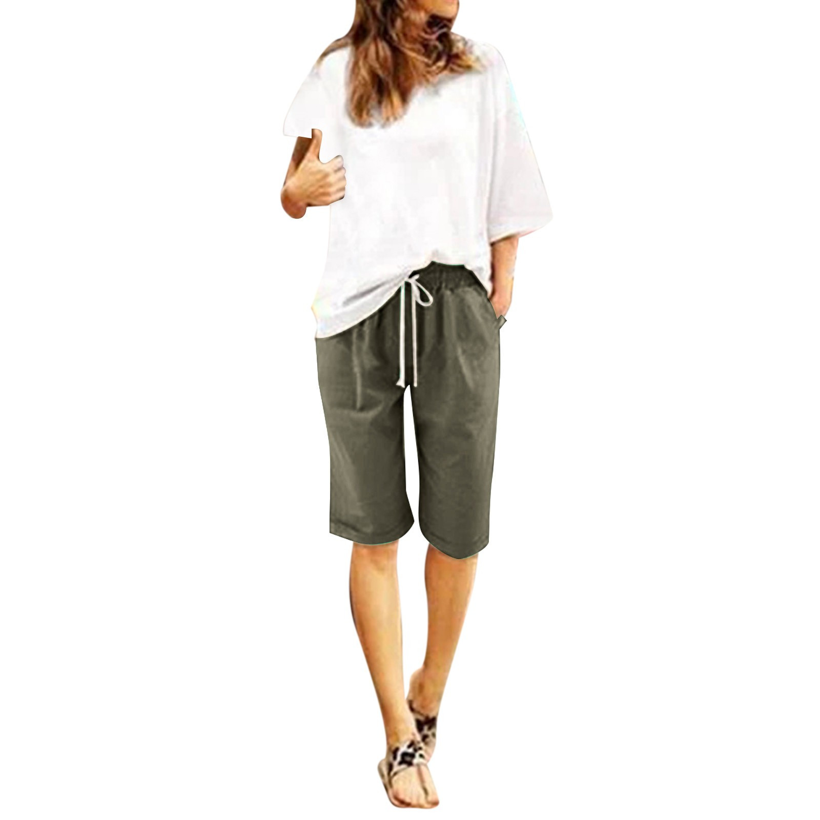 Pantalones cortos con cordones y cintura alta para mujer - Pantalones de entrenamiento para playa de talla grande - Cintura elástica - Pantalones de poliéster con cinco bolsillos